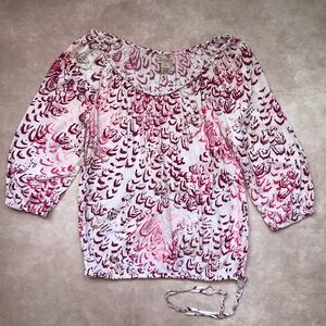 Lucky Brand Blouse White Pink Print Braided Neckline Drawstring Hem Wide Sleeve